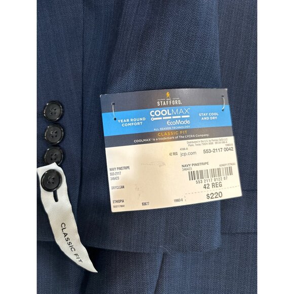 Stafford Classic Fit Navy Pinstripe Suit Jacket 42R CoolMax Wool Blend - Picture 4 of 4